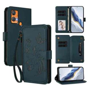For Oukitel C33 Butterfly Love Flower Multi-card Zipper Wallet Leather Phone Case(Dark Green)