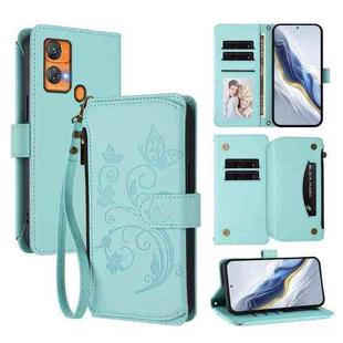 For Oukitel C33 Butterfly Love Flower Multi-card Zipper Wallet Leather Phone Case(Mint Green)