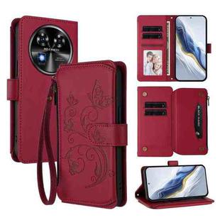 For Oukitel C37 Butterfly Love Flower Multi-card Zipper Wallet Leather Phone Case(Wine Red)