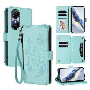 For Oukitel C38 Butterfly Love Flower Multi-card Zipper Wallet Leather Phone Case(Mint Green)