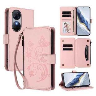 For Oukitel C38 Butterfly Love Flower Multi-card Zipper Wallet Leather Phone Case(Pink)