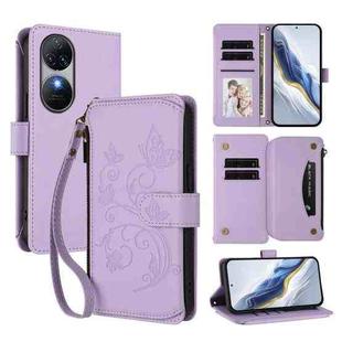 For Oukitel C38 Butterfly Love Flower Multi-card Zipper Wallet Leather Phone Case(Light Purple)
