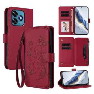 For Oukitel C51 Butterfly Love Flower Multi-card Zipper Wallet Leather Phone Case(Wine Red)