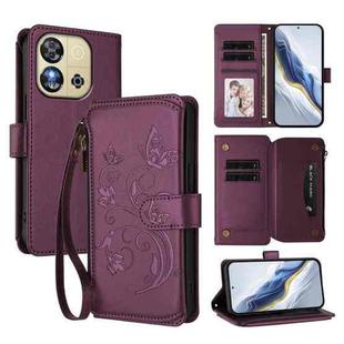 For Oukitel C57S / C57 / C57 Pro Butterfly Love Flower Multi-card Zipper Wallet Leather Phone Case(Dark Purple)