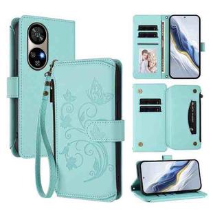 For Ulefone Note 17 Pro Butterfly Love Flower Multi-card Zipper Wallet Leather Phone Case(Mint Green)