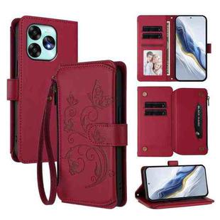 For Umidigi A15 / A15C / A15T Butterfly Love Flower Multi-card Zipper Wallet Leather Phone Case(Wine Red)