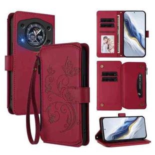 For Cubot A30 Butterfly Love Flower Multi-card Zipper Wallet Leather Phone Case(Wine Red)