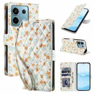 For Redmi Note 13 Pro 5G Flower Pattern Buckle Leather Phone Case with Lanyard(Orange Flowers)
