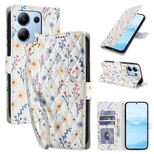 For Redmi Note 13 4G Flower Pattern Buckle Leather Phone Case with Lanyard(Blue Flowers)