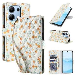 For Redmi Note 13 4G Flower Pattern Buckle Leather Phone Case with Lanyard(Orange Flowers)