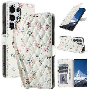 For Samsung Galaxy S25 Ultra 5G Flower Pattern Buckle Leather Phone Case with Lanyard(Pink Flowers)
