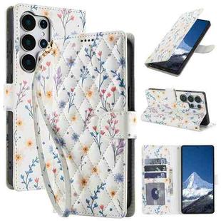 For Samsung Galaxy S25 Ultra 5G Flower Pattern Buckle Leather Phone Case with Lanyard(Blue Flowers)