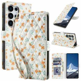 For Samsung Galaxy S25 Ultra 5G Flower Pattern Buckle Leather Phone Case with Lanyard(Orange Flowers)