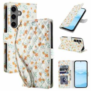 For Samsung Galaxy S24 FE 5G Flower Pattern Buckle Leather Phone Case with Lanyard(Orange Flowers)