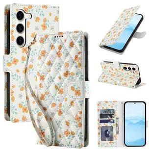 For Samsung Galaxy S23+ 5G Flower Pattern Buckle Leather Phone Case with Lanyard(Orange Flowers)