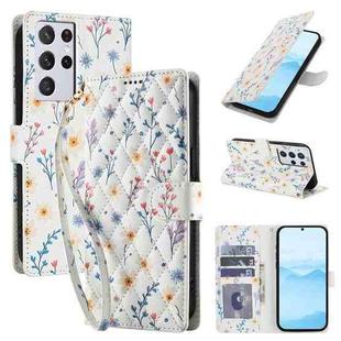 For Samsung Galaxy S21 Ultra 5G Flower Pattern Buckle Leather Phone Case with Lanyard(Blue Flowers)