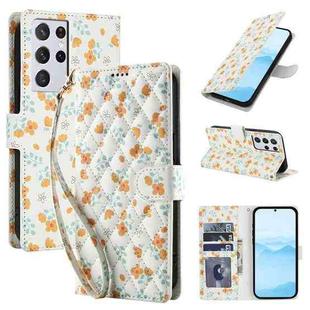 For Samsung Galaxy S21 Ultra 5G Flower Pattern Buckle Leather Phone Case with Lanyard(Orange Flowers)