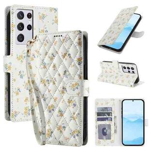 For Samsung Galaxy S21 Ultra 5G Flower Pattern Buckle Leather Phone Case with Lanyard(Yellow Flowers)
