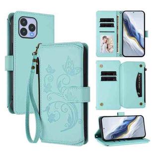 For Wiko T60 / Cubot P80 Butterfly Love Flower Multi-card Zipper Wallet Leather Phone Case(Mint Green)