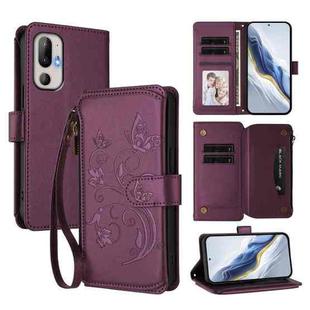 For HTC U24 Pro Butterfly Love Flower Multi-card Zipper Wallet Leather Phone Case(Dark Purple)