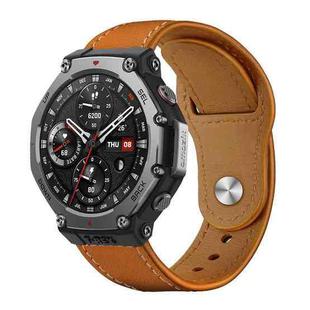 For Amazfit T-Rex 3 xDfind Rivet Buckle Genuine Leather Watch Band(Brown White Thread)