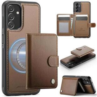For Samsung Galaxy A14 4G / 5G / M44 5G JEEHOOD J09 Buckle Card Bag MagSafe Magnetic Style RFID Leather Phone Case(Brown)