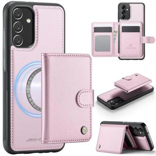 For Samsung Galaxy A34 5G JEEHOOD J09 Buckle Card Bag MagSafe Magnetic Style RFID Leather Phone Case(Pink)