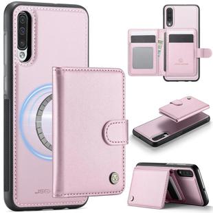 For Samsung Galaxy A50 JEEHOOD J09 Buckle Card Bag MagSafe Magnetic Style RFID Leather Phone Case(Pink)