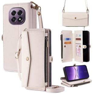 For OPPO A5 5G 2025 Global Zipper Wallet Side Buckle Crossbody Lanyard Leather Phone Case(White)