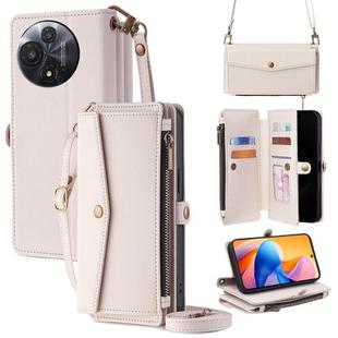For TCL 60R 5G Zipper Wallet Side Buckle Crossbody Lanyard Leather Phone Case(White)