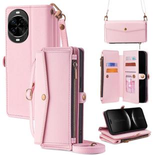 For Huawei nova 14 Pro 5G Zipper Wallet Side Buckle Crossbody Lanyard Leather Phone Case(Rose Gold)