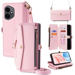 For Honor 400 Global 156.5mm Zipper Wallet Side Buckle Crossbody Lanyard Leather Phone Case(Rose Gold)