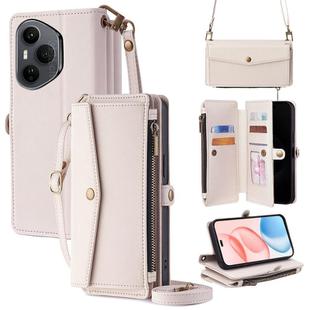 For Honor 400 Pro Global 160.8mm Zipper Wallet Side Buckle Crossbody Lanyard Leather Phone Case(White)