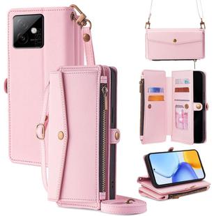 For Honor X60 GT 5G Zipper Wallet Side Buckle Crossbody Lanyard Leather Phone Case(Rose Gold)