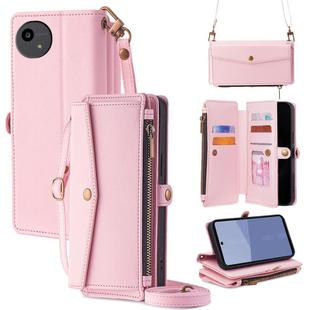 For Sharp Aqous wish5 Zipper Wallet Side Buckle Crossbody Lanyard Leather Phone Case(Rose Gold)