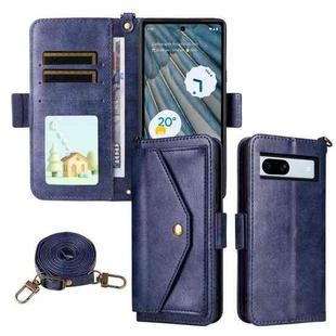 For Google Pixel 7a Multi-card Slots Crossbody Cowhide Leather Phone Case(Blue)