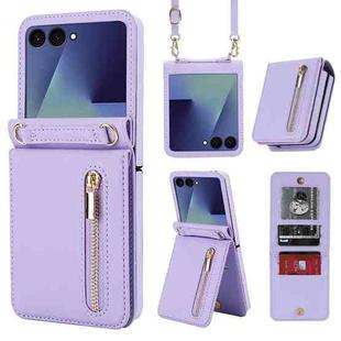 For Samsung Galaxy Z Flip7 5G Zipper Wallet Card Slot Leather Phone Case with Crossbody Strap(Purple)