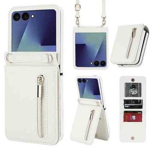 For Samsung Galaxy Z Flip7 5G Zipper Wallet Card Slot Leather Phone Case with Crossbody Strap(White)
