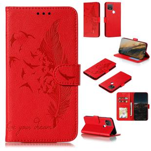 For Google Pixel 5 XL Feather Pattern Litchi Texture Horizontal Flip Leather Case with Wallet & Holder & Card Slots(Red)