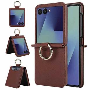 For Samsung Galaxy Z Flip7 5G Cross Texture Ring Design Card Slot Leather Phone Case(Brown)