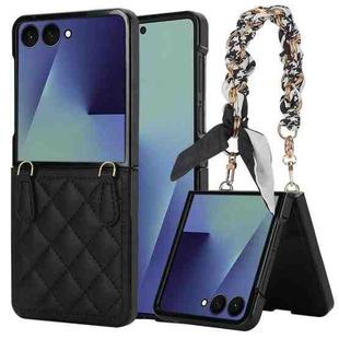 For Samsung Galaxy Z Flip7 5G Rhombic Leather Phone Case with Scarf / Bracelet(Black)