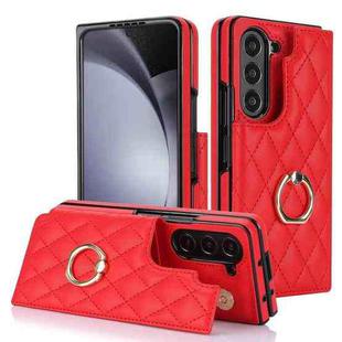 For Samsung Galaxy Z Fold7 Rhombic Texture Ring Double Buckle Leather Phone Case(Red)