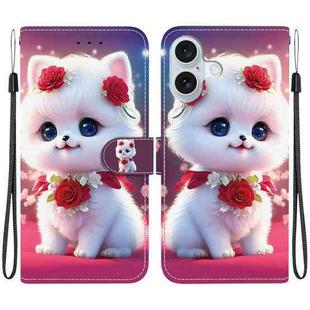 For iPhone 16 Crystal Texture Colored Drawing Leather Phone Case(Rose Cat)