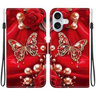 For iPhone 16 Crystal Texture Colored Drawing Leather Phone Case(Pearl Butterfly Rose)