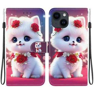 For iPhone 15 Plus Crystal Texture Colored Drawing Leather Phone Case(Rose Cat)