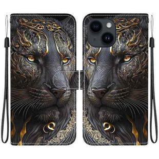 For iPhone 15 Plus Crystal Texture Colored Drawing Leather Phone Case(Black Gold Lion)