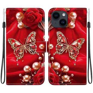 For iPhone 15 Plus Crystal Texture Colored Drawing Leather Phone Case(Pearl Butterfly Rose)