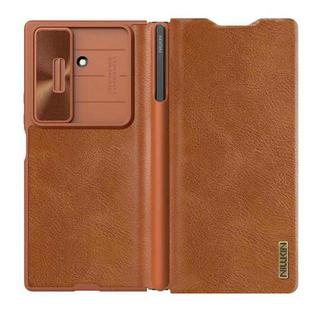 For Samsung Galaxy Z Fold7 5G NILLKIN QIN Series Pro Sliding Camera Cover Design Leather Phone Case with Stylus(Brown)