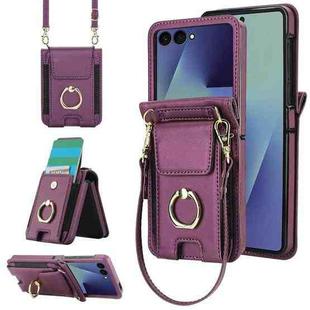 For Samsung Galaxy Z Flip7 5G Ring Holder Wallet Card Slot Leather Phone Case(Deep Purple)