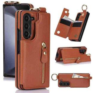 For Samsung Galaxy Z Fold7 Litchi Texture Ring Zipper Double Buckle Leather Phone Case(Brown)